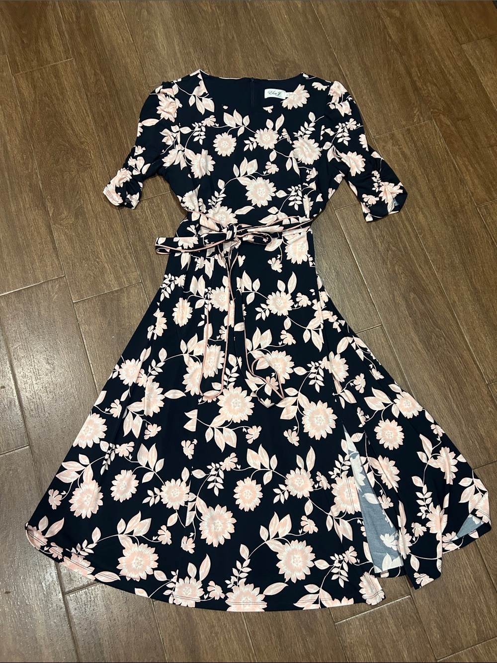 Navy Dress w/Pink & White Flowers - Picture 1 of 4